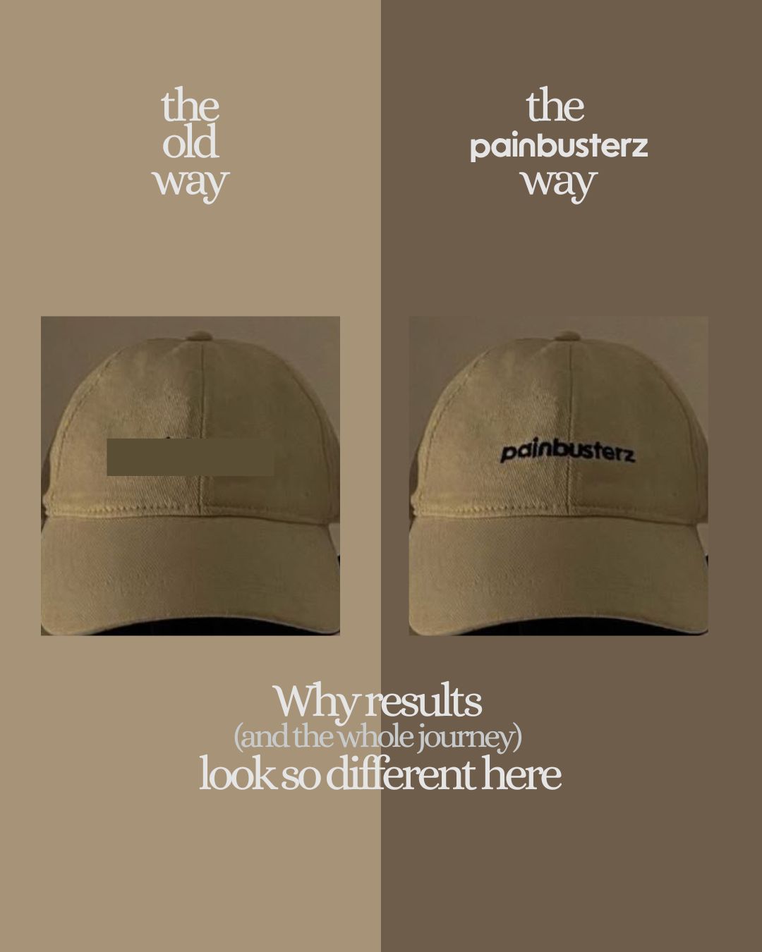 Creative comparison design featuring two hats and text, illustrating how Painbusterz challenges common perceptions of pain recovery.