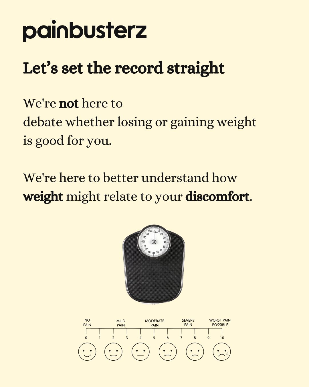 Painbusterz poster with a scale image exploring the relationship between body weight and musculoskeletal discomfort.