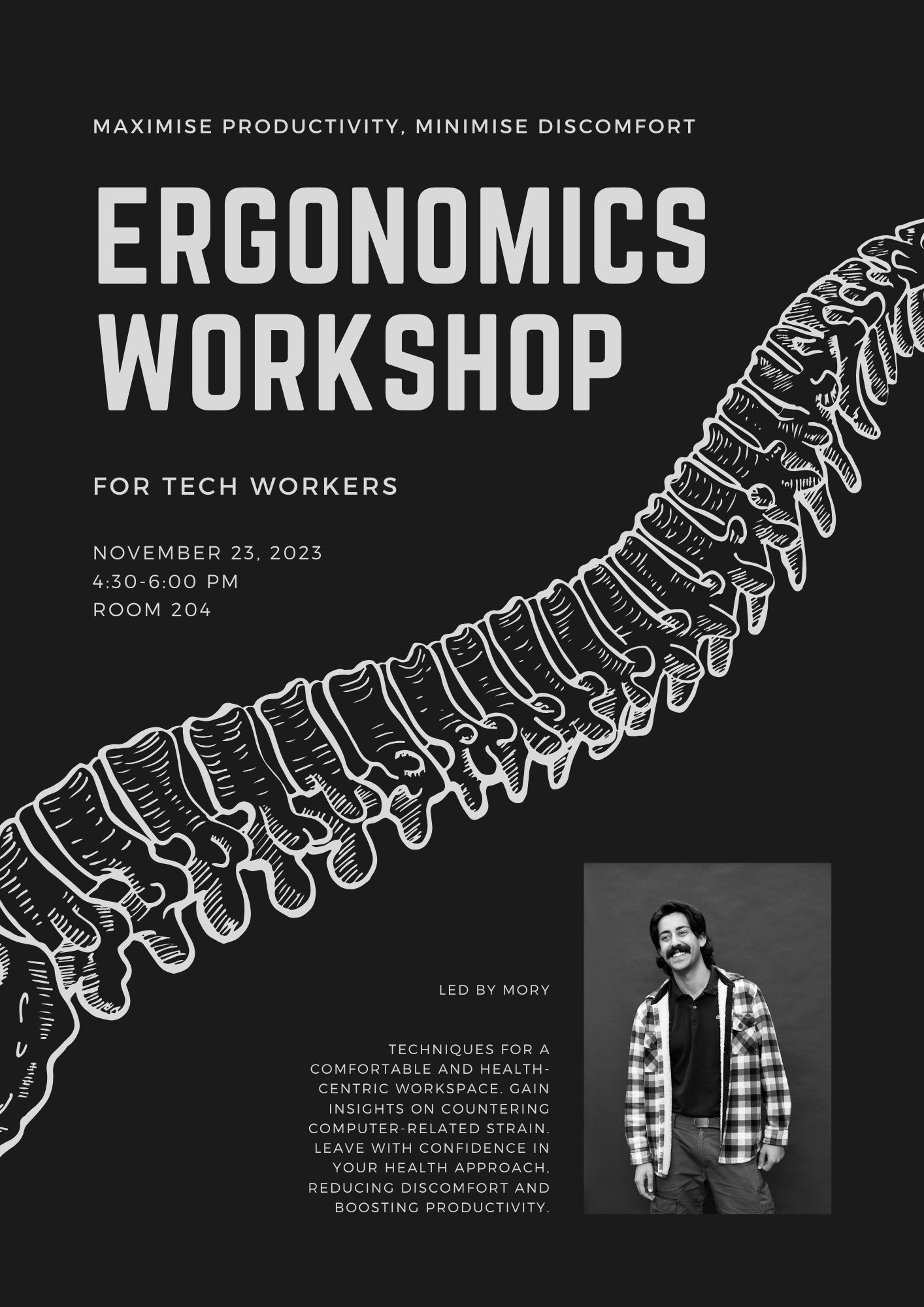 Poster of a conference where Mory Naimi presented on ergonomics for tech workers.