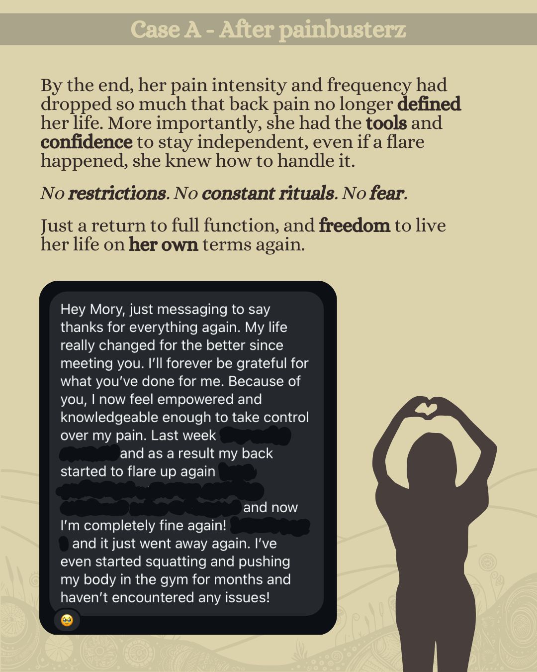 Illustration of hands forming a heart shape, accompanying a message from a person who, after three years of managing pain without success, found relief through Painbusterz.