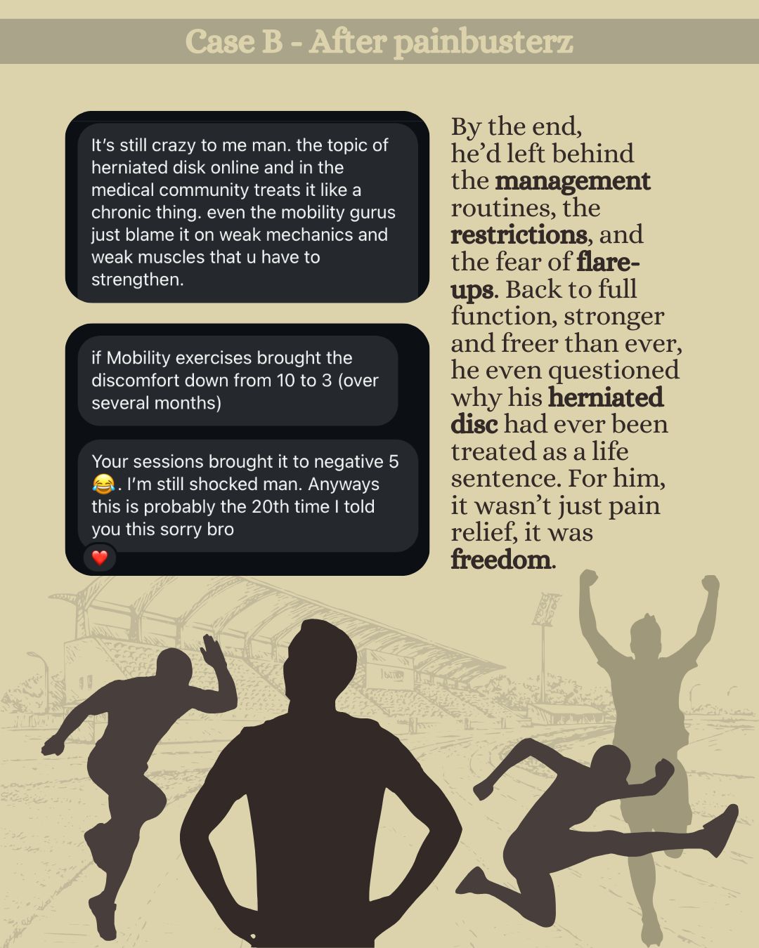 Message from a patient sharing their experience of finding full freedom from a herniated disc after two years of management, following the Painbusterz process, accompanied by supporting graphics.