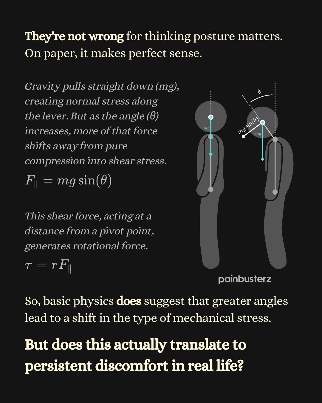 Educational poster by Painbusterz illustrating the physics of posture, using force and torque equations to question whether posture is truly the main cause of pain.